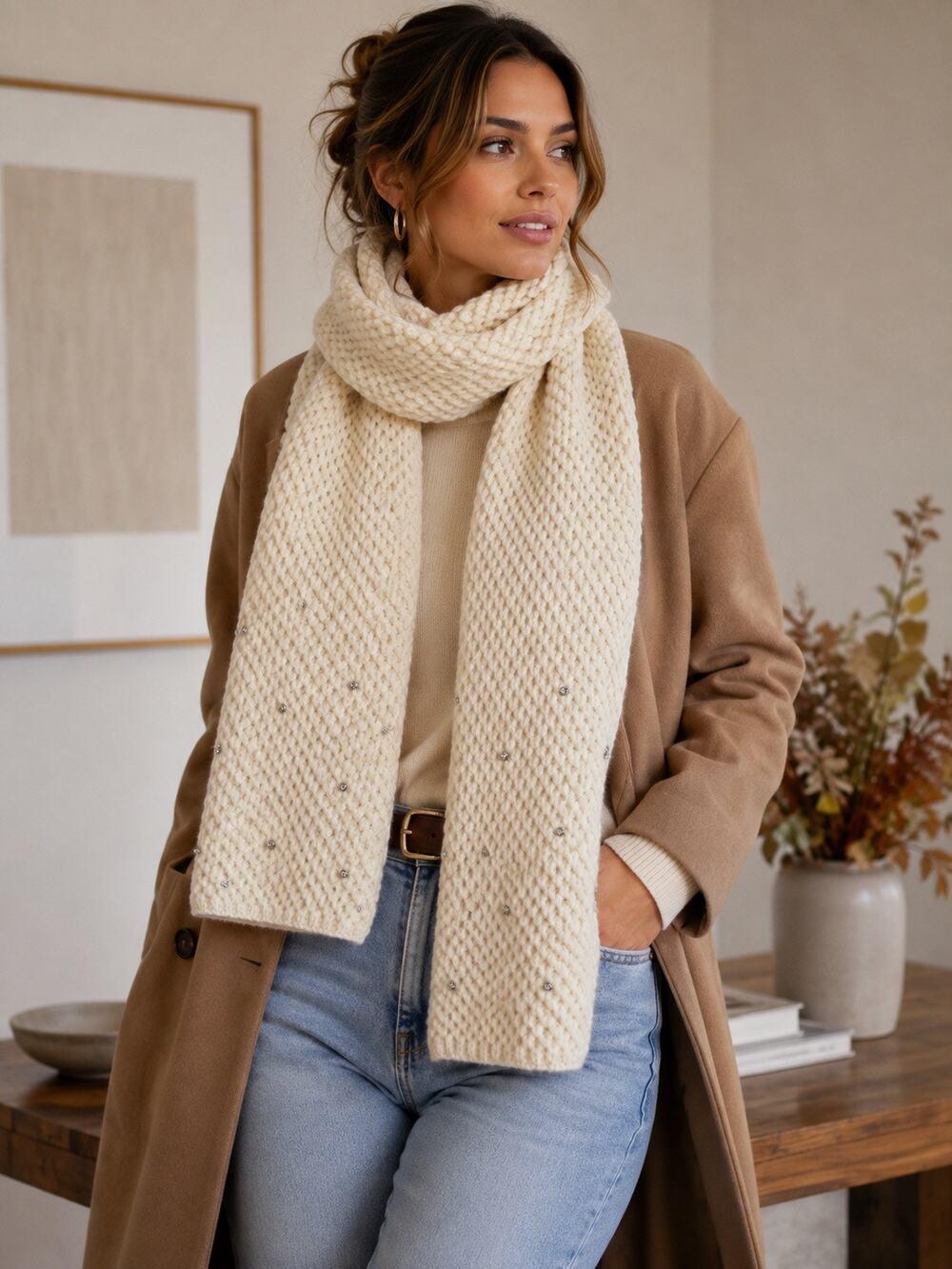 Maeve Waffle-Knit Scarf with Scattered Subtle Metallic Studs Cream One Size NWT